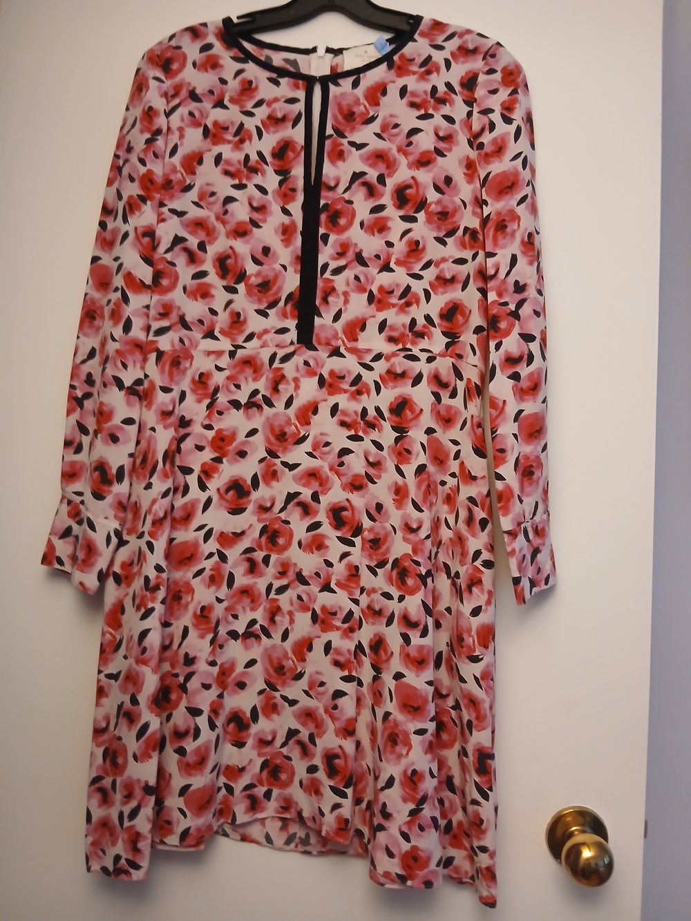 KATE SPADE Pink Floral Long-Sleeve  Dress with Black Trim
